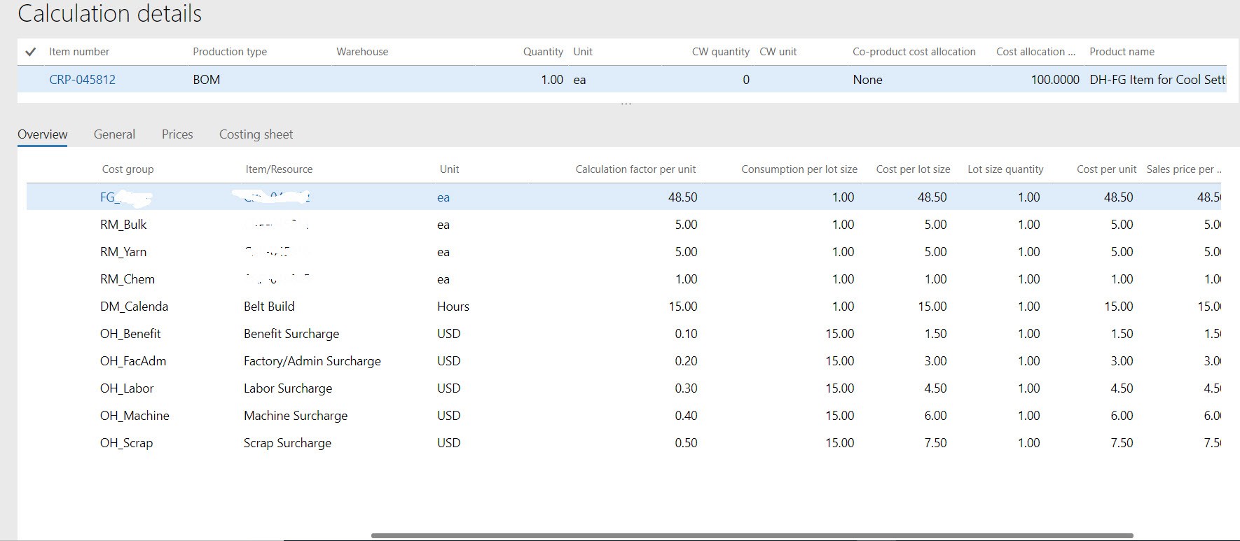 Example Example of rolled cost