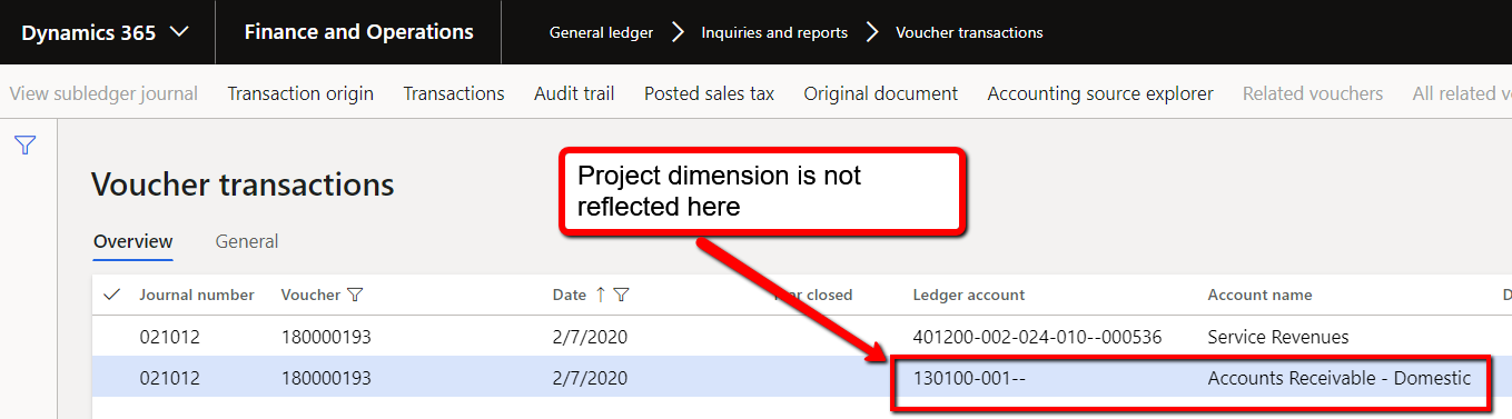 Project invoice - voucher is not updated with the Project Dimension