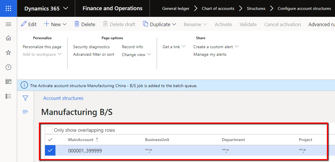 Account structure with Project set up as a segment