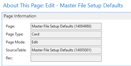 Screenshot of Info Page and Table information for defaults setup